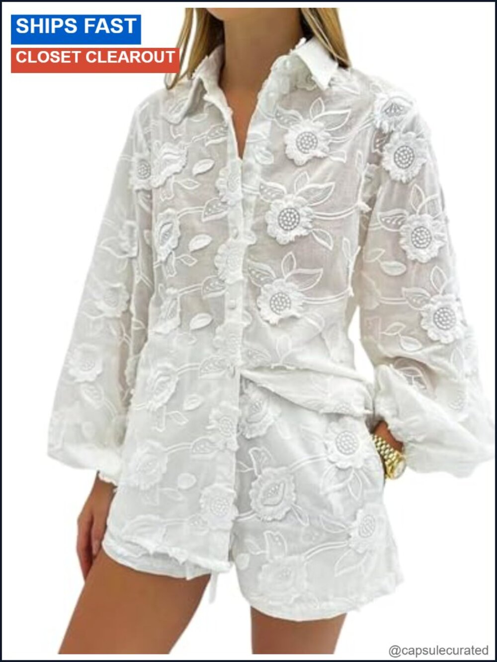 Women's 2 Pc Long Sleeve Lace Blouse & Shorts Set Floral Embroidered Summer
